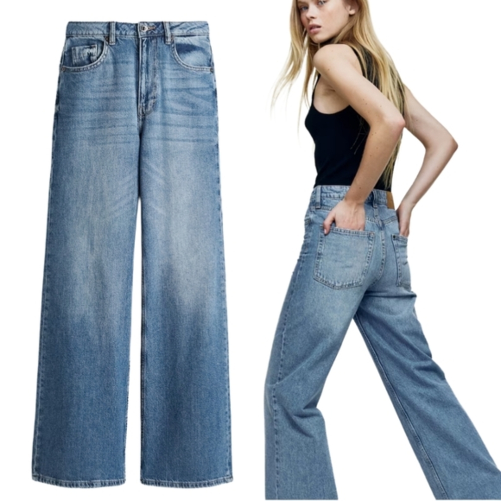 100% Cotton H&M Ultra High Wide Leg Jeans Distressed Blue